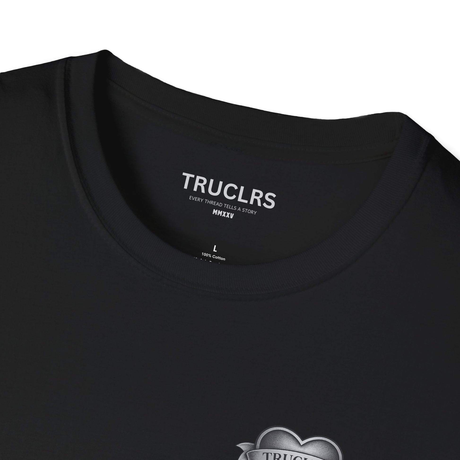 TRUCLRS gothic fashion t-shirt with skull lovers and rose heart emblem