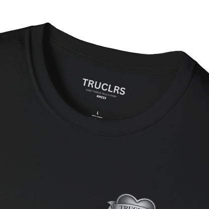 TRUCLRS gothic fashion t-shirt with skull lovers and rose heart emblem