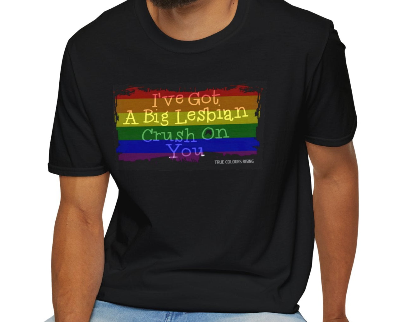 Unisex size chart S–5XL for True Colours Rising pride t-shirt