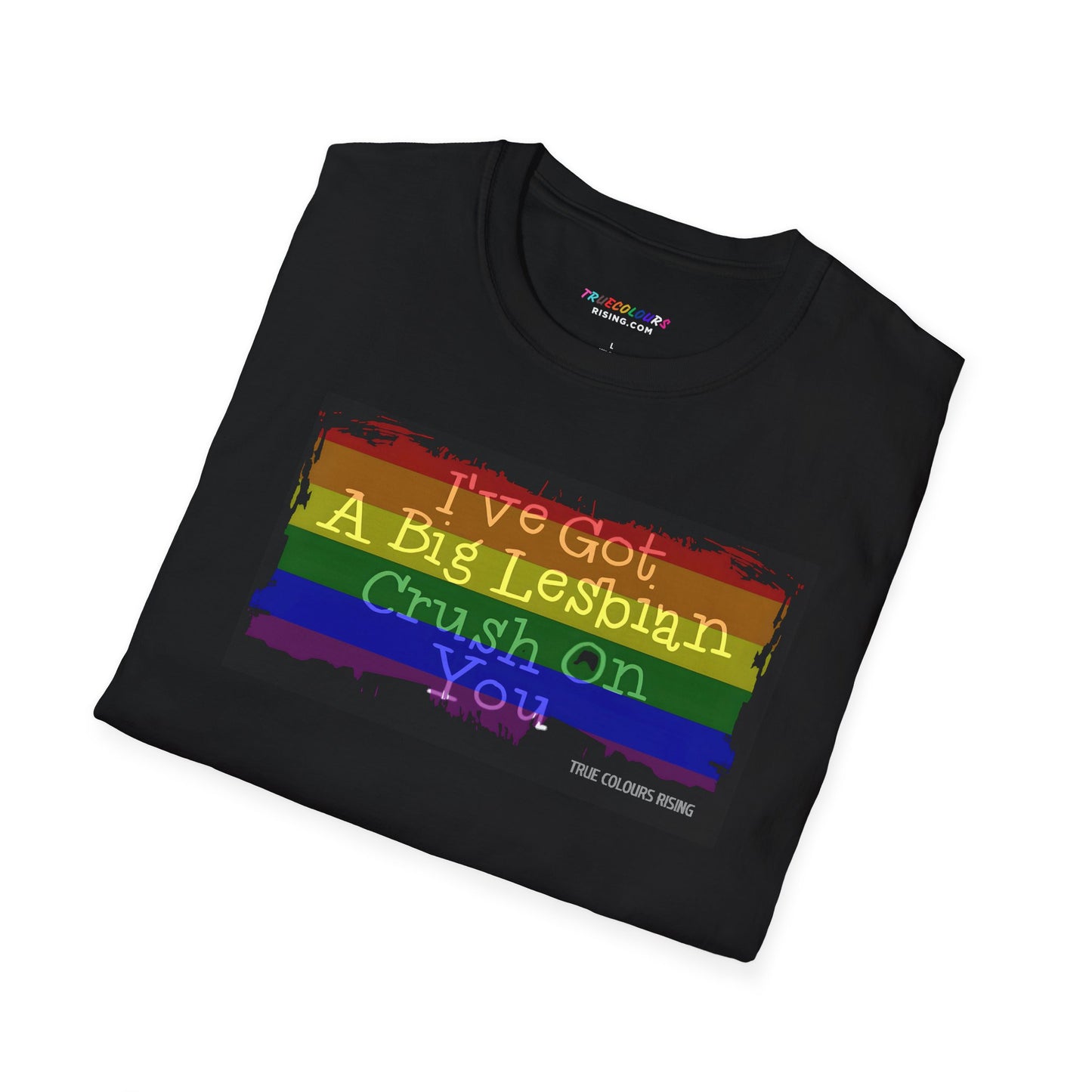 LGBTQ+ rainbow shirt with bold text celebrating lesbian pride.