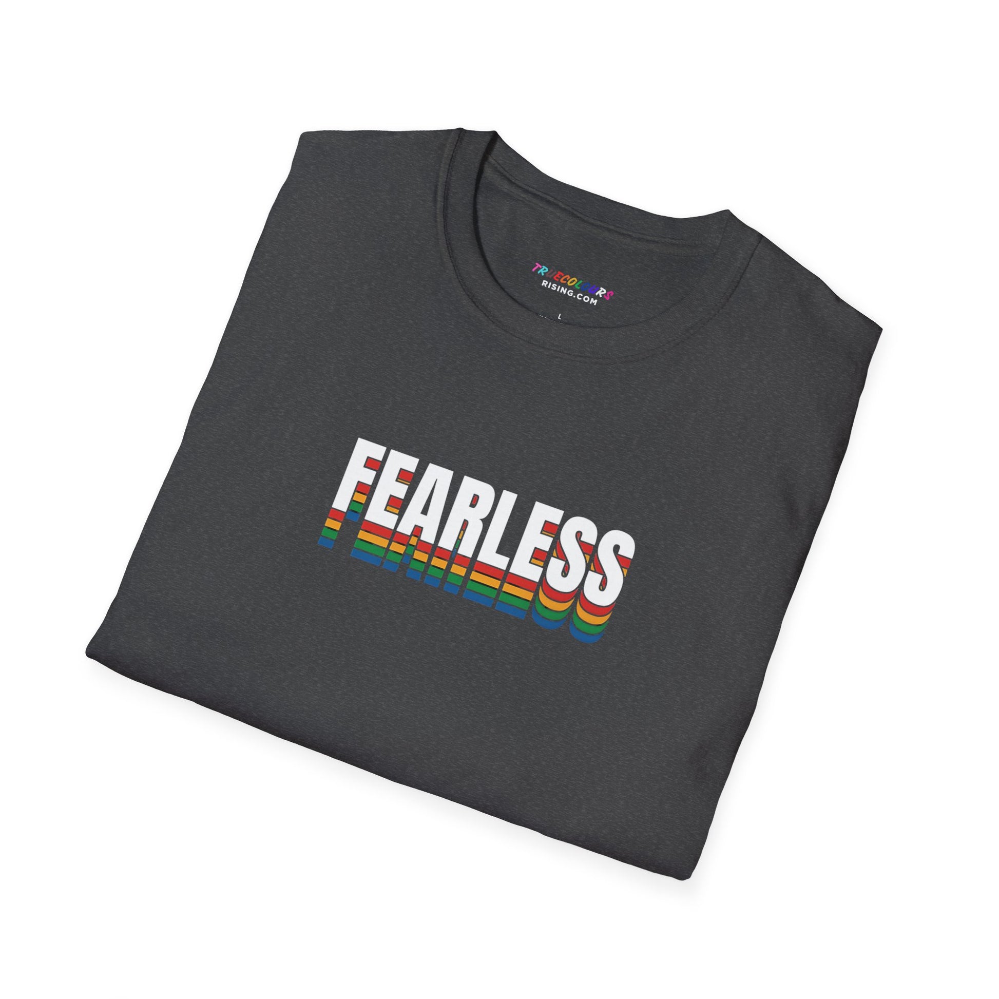 Rainbow pride fearless t-shirt with bold typography for alternative queer fashion