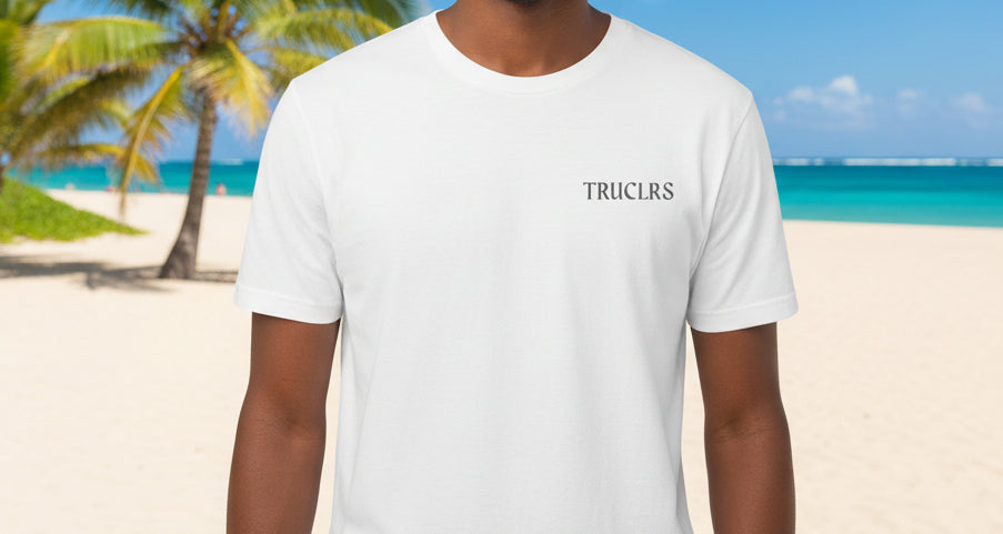 True Colours Rising graphic tee front showing modern TRUCLRS chest logo