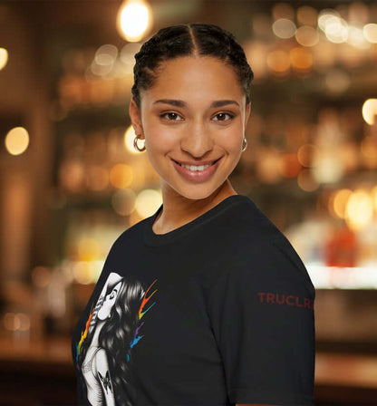 Model wearing Be You - Reimagined T-shirt with vibrant illustration and bold design, showcasing self-expression.