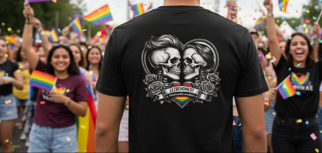 Back view of black pride t shirt with LEZBEHONEST emotionally available skull artwork