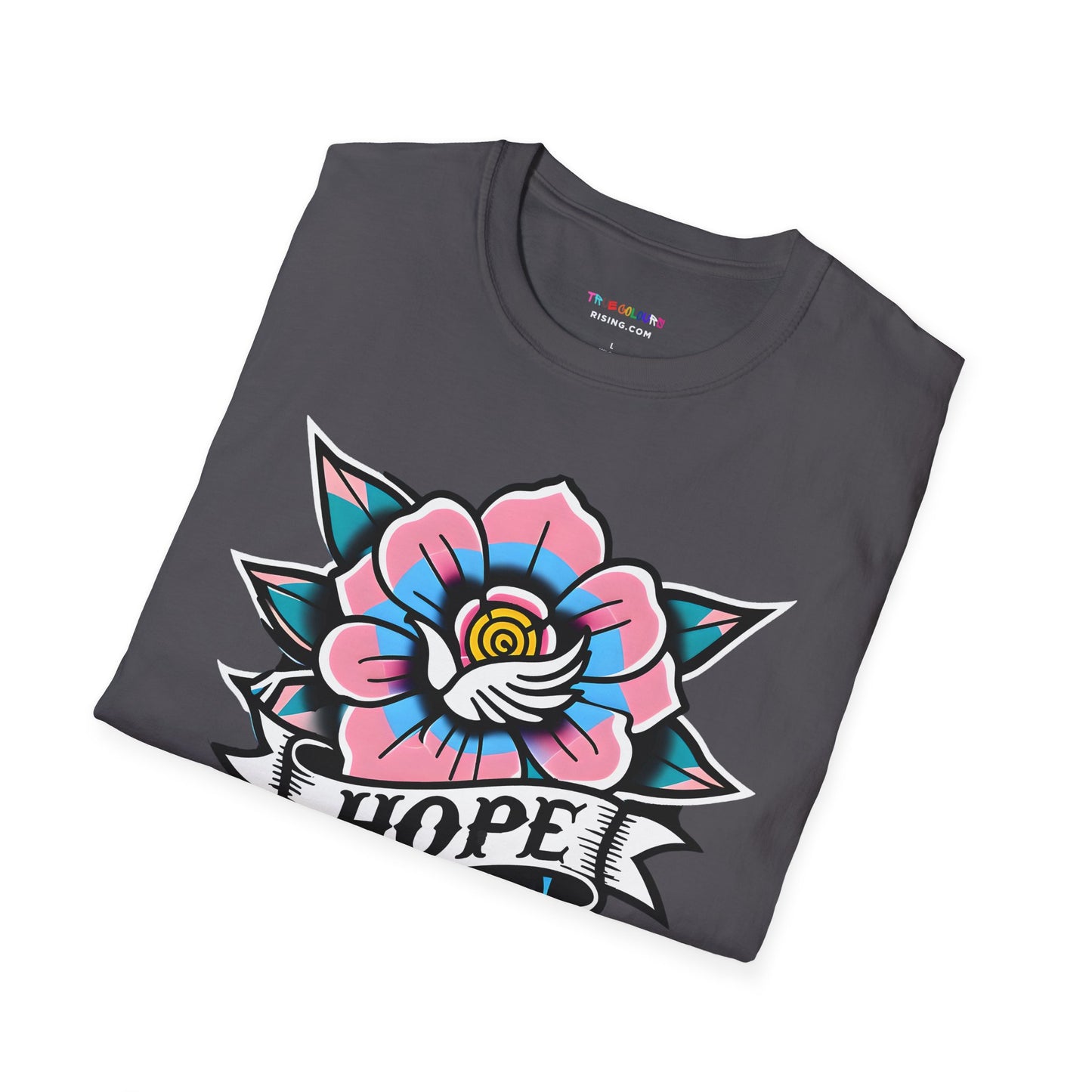 Tattoo-style HOPE shirt for trans pride empowerment and queer streetwear fashion.