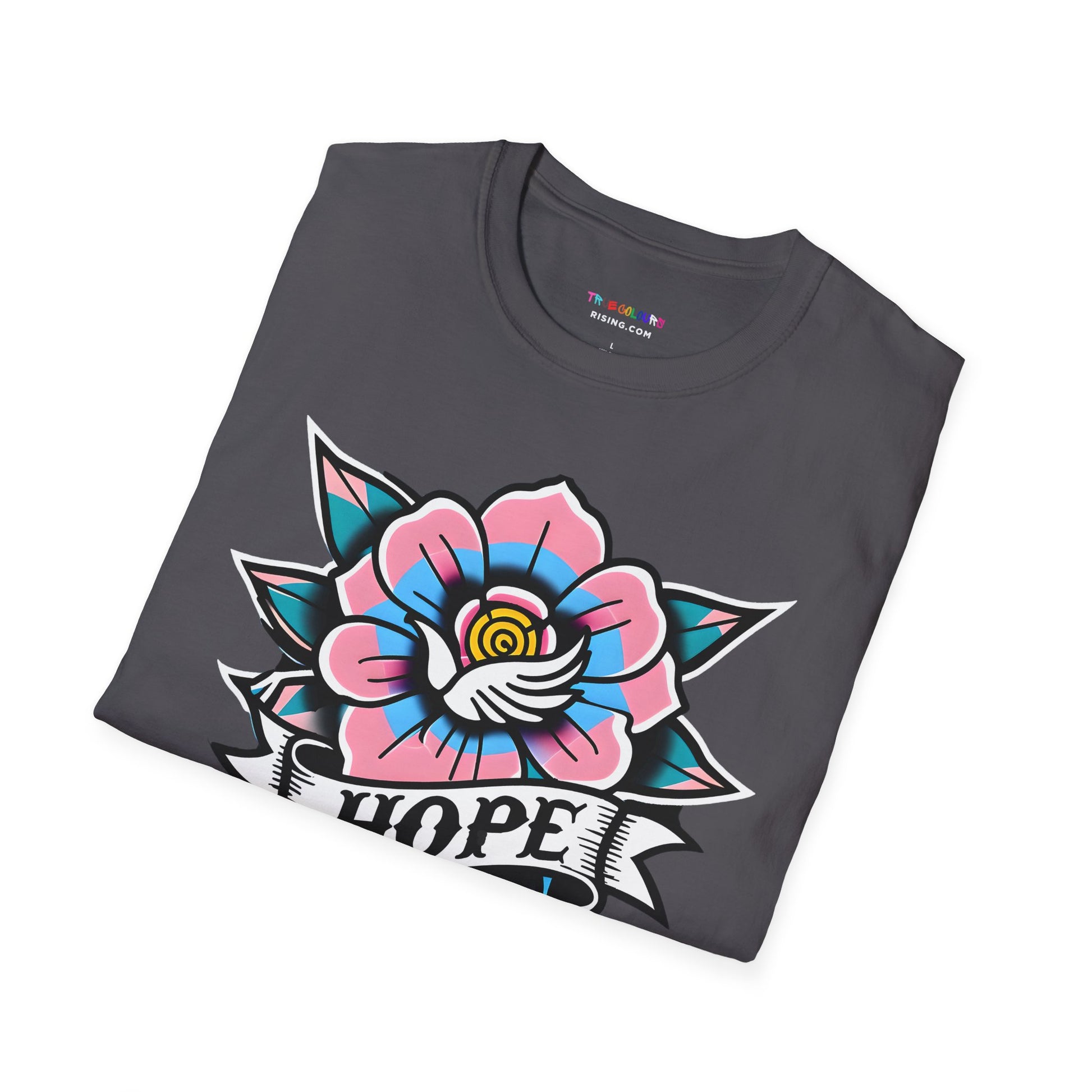 Tattoo-style HOPE shirt for trans pride empowerment and queer streetwear fashion.