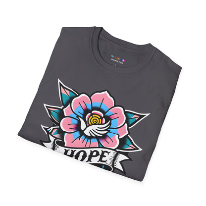 Tattoo-style HOPE shirt for trans pride empowerment and queer streetwear fashion.
