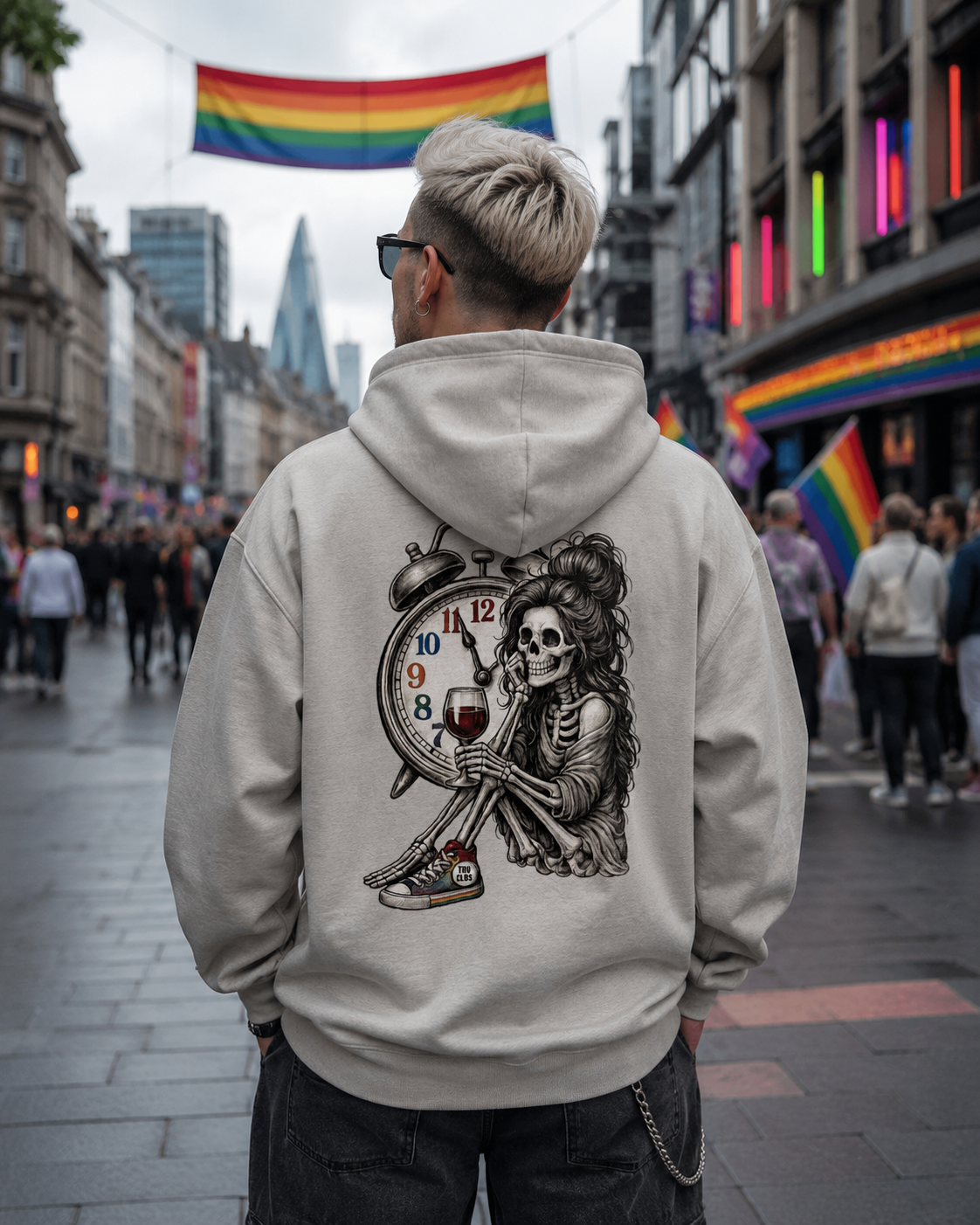 Back of the Queer Vintage Timeless Spirits hoodie featuring vintage skeleton artwork with an alarm clock, wine glass and rainbow trainer.