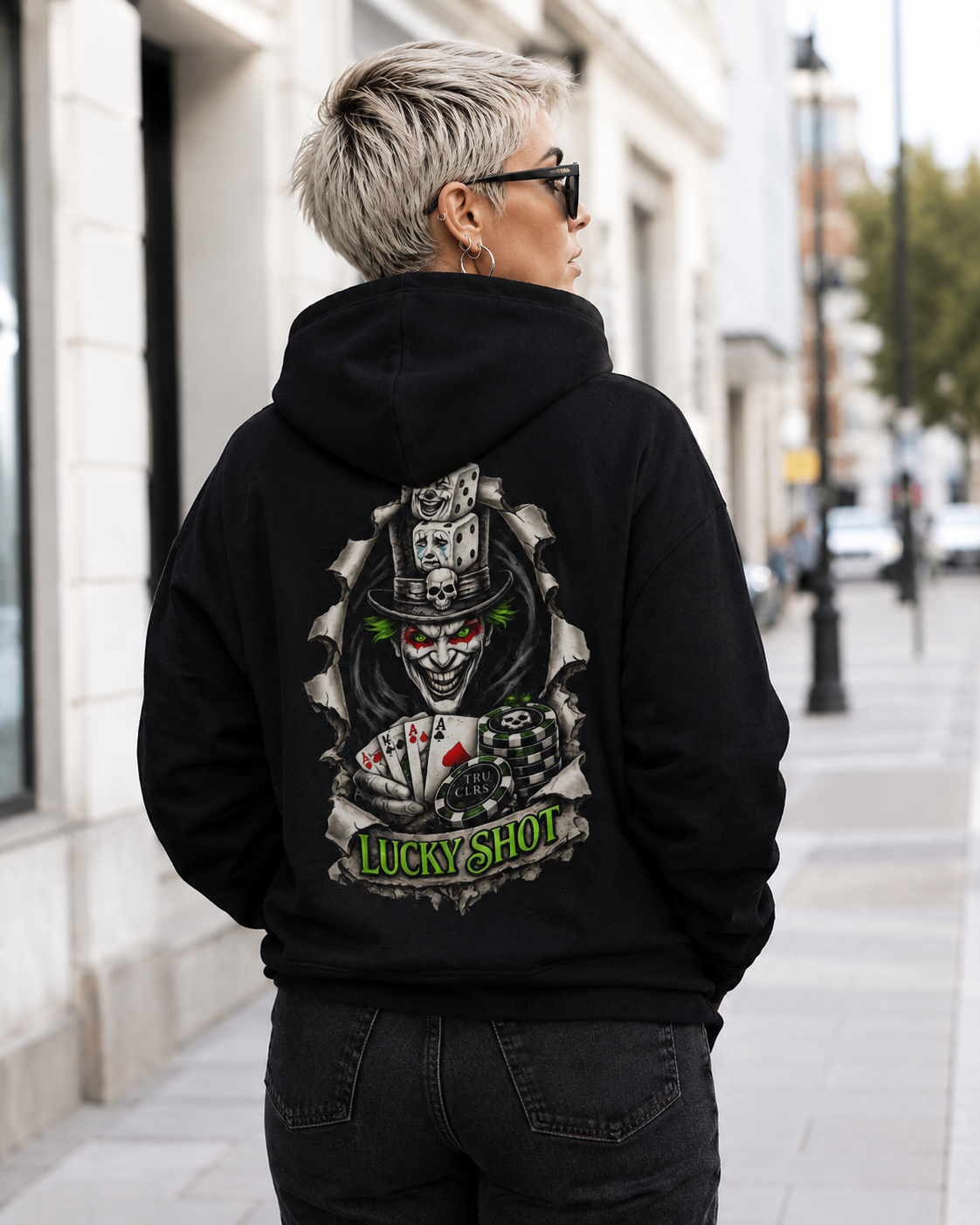 Lucky Shot black hoodie back featuring a large gothic joker graphic with poker cards, dice, poker chips and bold Lucky Shot lettering.
