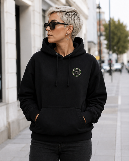 Lucky Shot black hoodie front featuring a small TRU CLRS poker chip logo on the left chest with premium heavyweight streetwear styling.