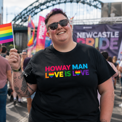 Plus-size and diverse women wearing TRUCLRS Pride apparel at a colourful LGBTQ+ celebration.
