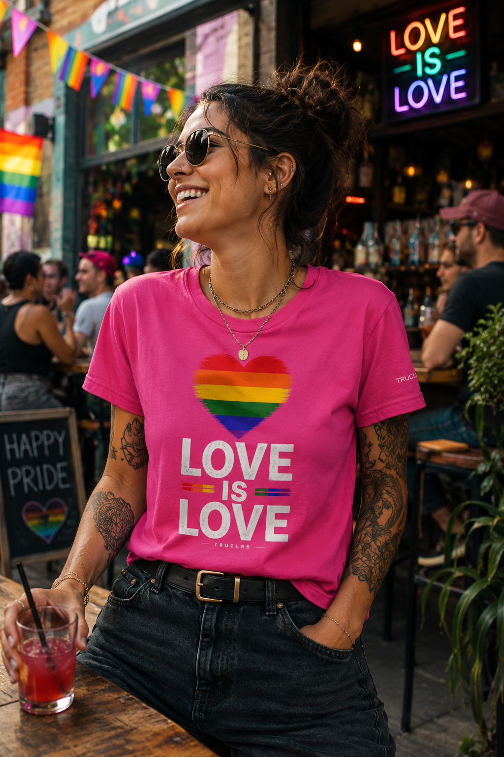 Love Is Love pride apparel with vibrant rainbow artwork symbolising diversity, unity and self-expression