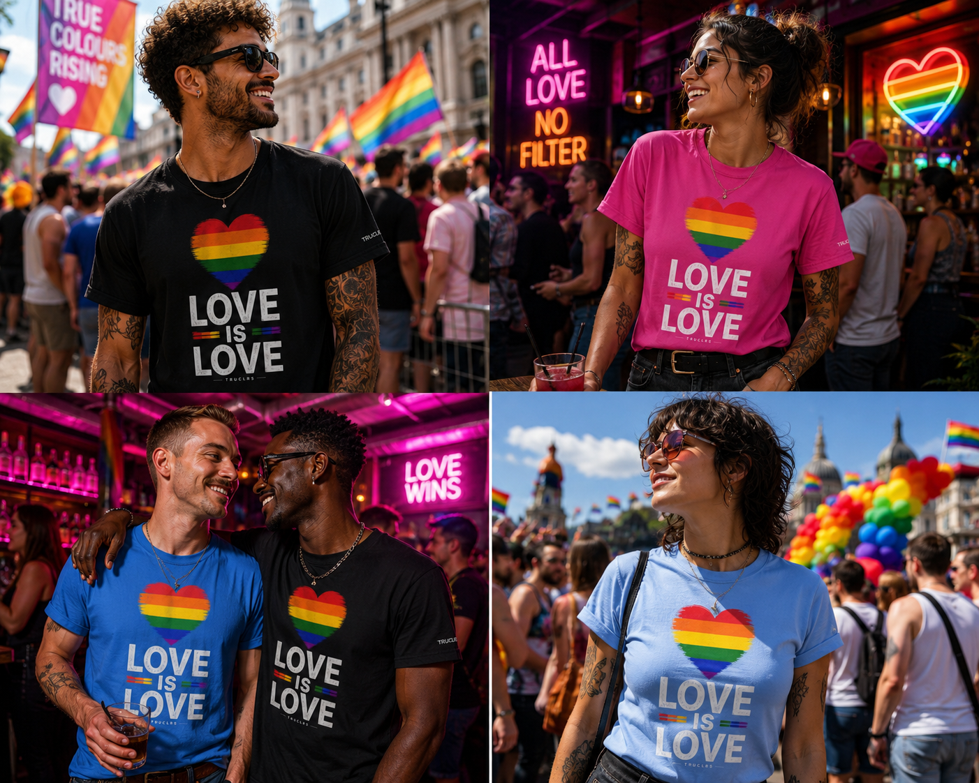 Group of diverse individuals wearing Love Is Love Pride T-shirts, celebrating identity and equality at a vibrant pride event.