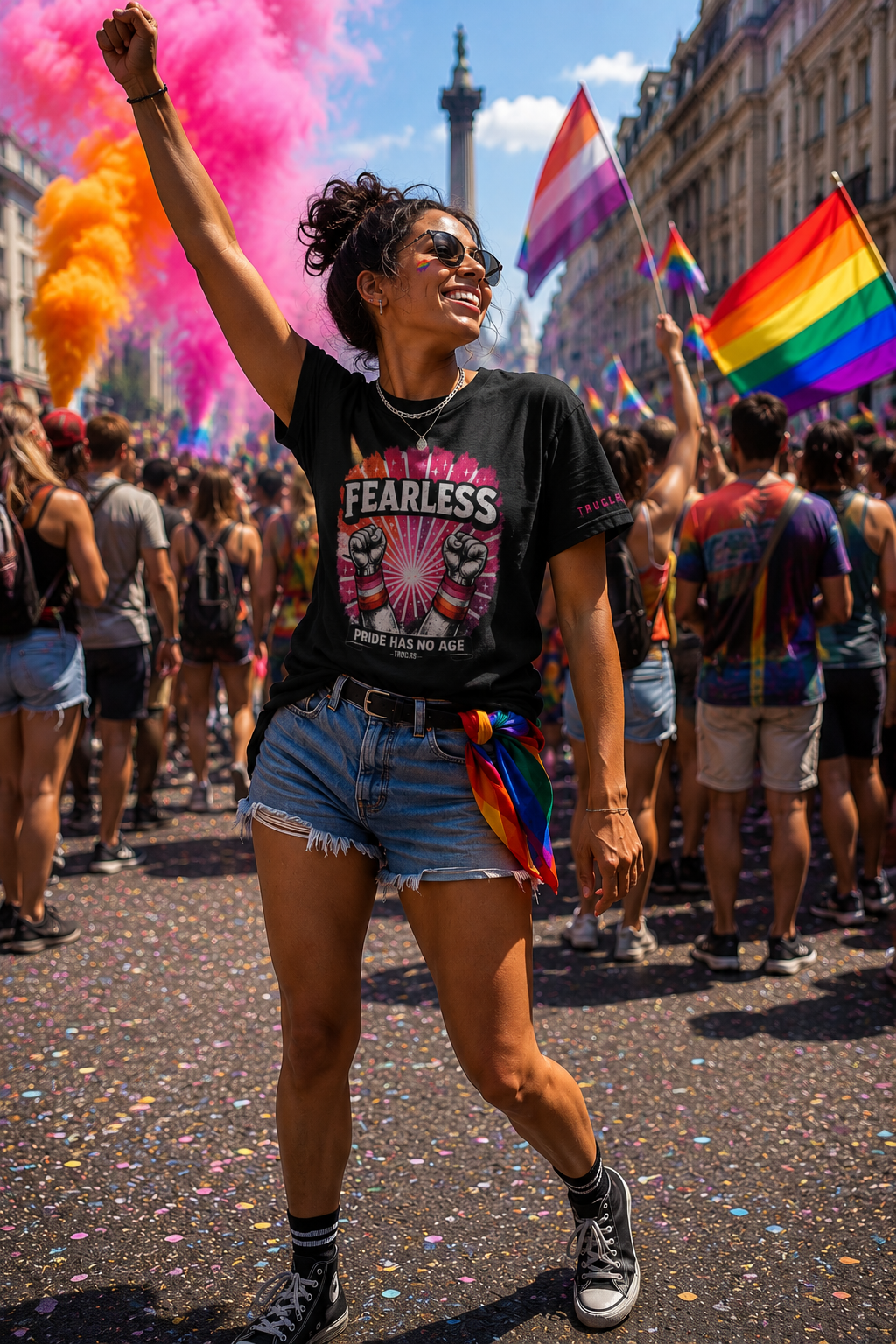 Fearless Souls lesbian pride t-shirt shown in real community setting