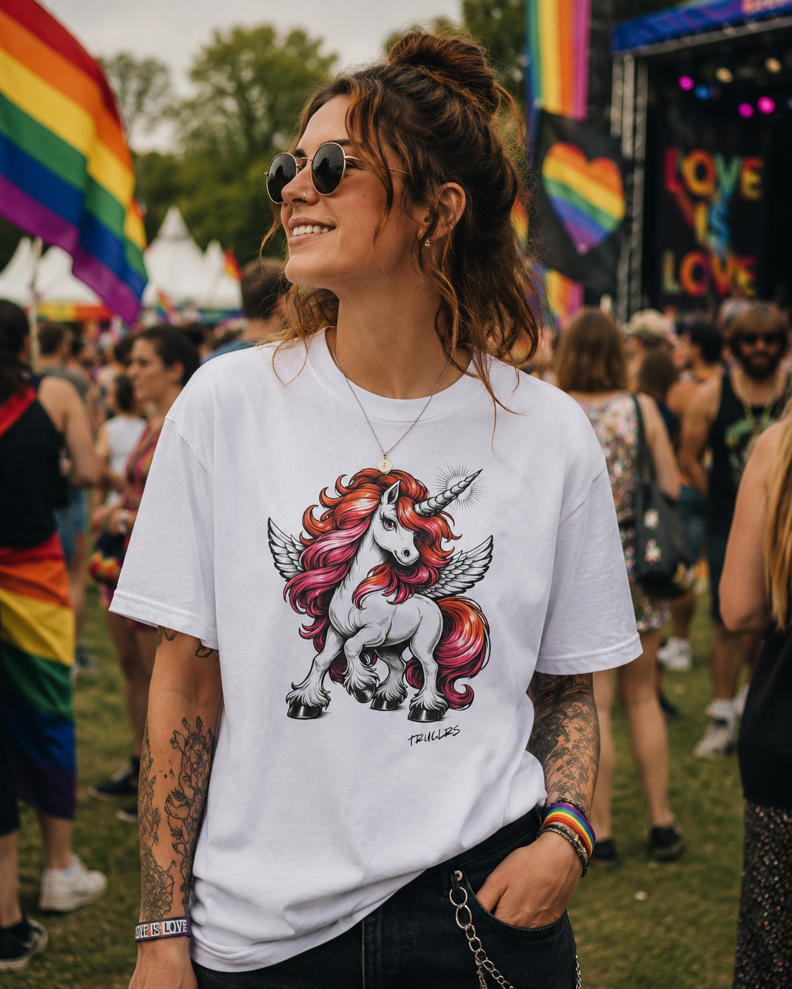 Close up lifestyle image of sapphic unicorn graphic tee in recycled cotton streetwear style