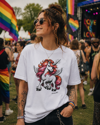 Close up lifestyle image of sapphic unicorn graphic tee in recycled cotton streetwear style