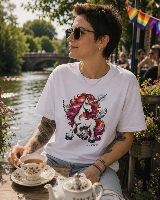 White oversized lesbian pride t shirt featuring a pink and orange unicorn graphic by TRUCLRS