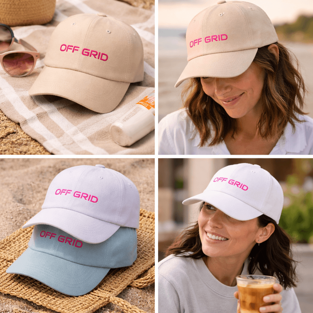 OFF GRID dad cap in natural colour with pink embroidered text