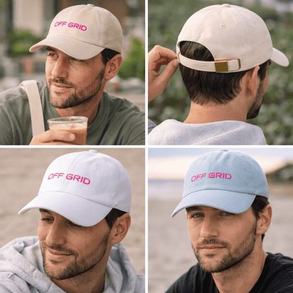 OFF GRID embroidered dad cap worn by man, relaxed everyday style