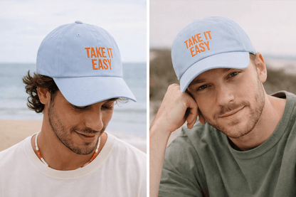 Lifestyle image of Take It Easy dad cap styled for slow living and travel