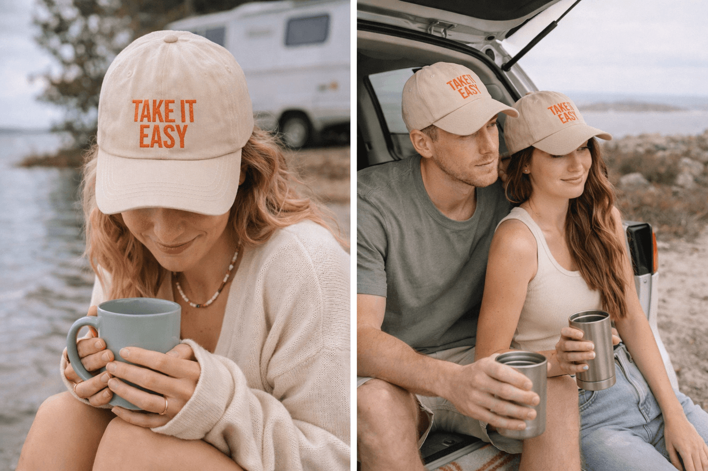 Man and woman wearing matching Take It Easy dad caps sitting by the coast