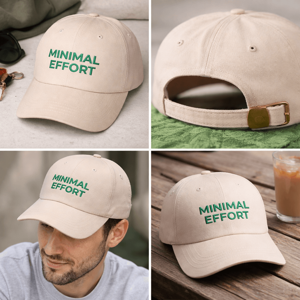 man  in casual outfit wearing a Minimal Effort embroidered dad cap in a natural outdoor setting