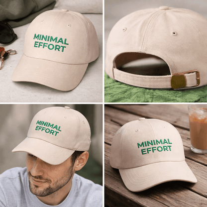 man  in casual outfit wearing a Minimal Effort embroidered dad cap in a natural outdoor setting