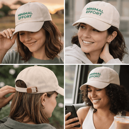 Close-up of woman smiling while wearing a neutral beige unstructured dad cap with Minimal Effort embroidery