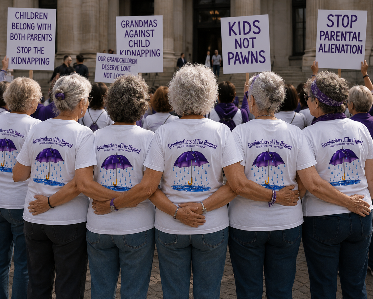 A group of women standing with their backs to the camera, wearing matching white t-shirts with a purple umbrella graphic and the text 'Grandparents of the Homeland.' Several hold protest signs with advocacy text, and the photo is taken outdoors in front of a building.