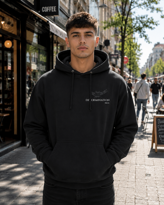 IMPOSSIBILITY BECOMES POSSIBLE WITH DETERMINATION premium jet black unisex hoodie featuring a subtle broken chain chest motif with Determination and TRUCLRS branding.
