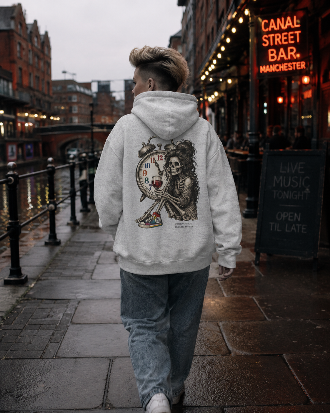 Ash grey LGBTQ+ hoodie with gothic skeleton artwork and vintage clock graphic on the back.
