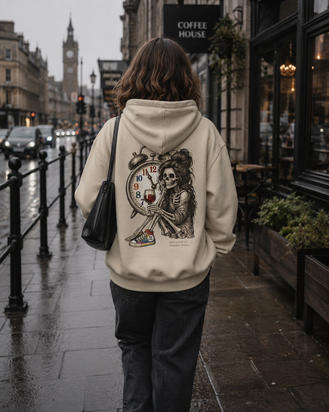 Alternative streetwear hoodie featuring a skeleton holding a glass of wine beside a colourful vintage clock.