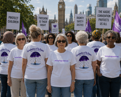 Grandmothers of The Hauged -SHOUT. SHELTER. SUPPORT. protest against Hague Convention, advocating for children's rights.
