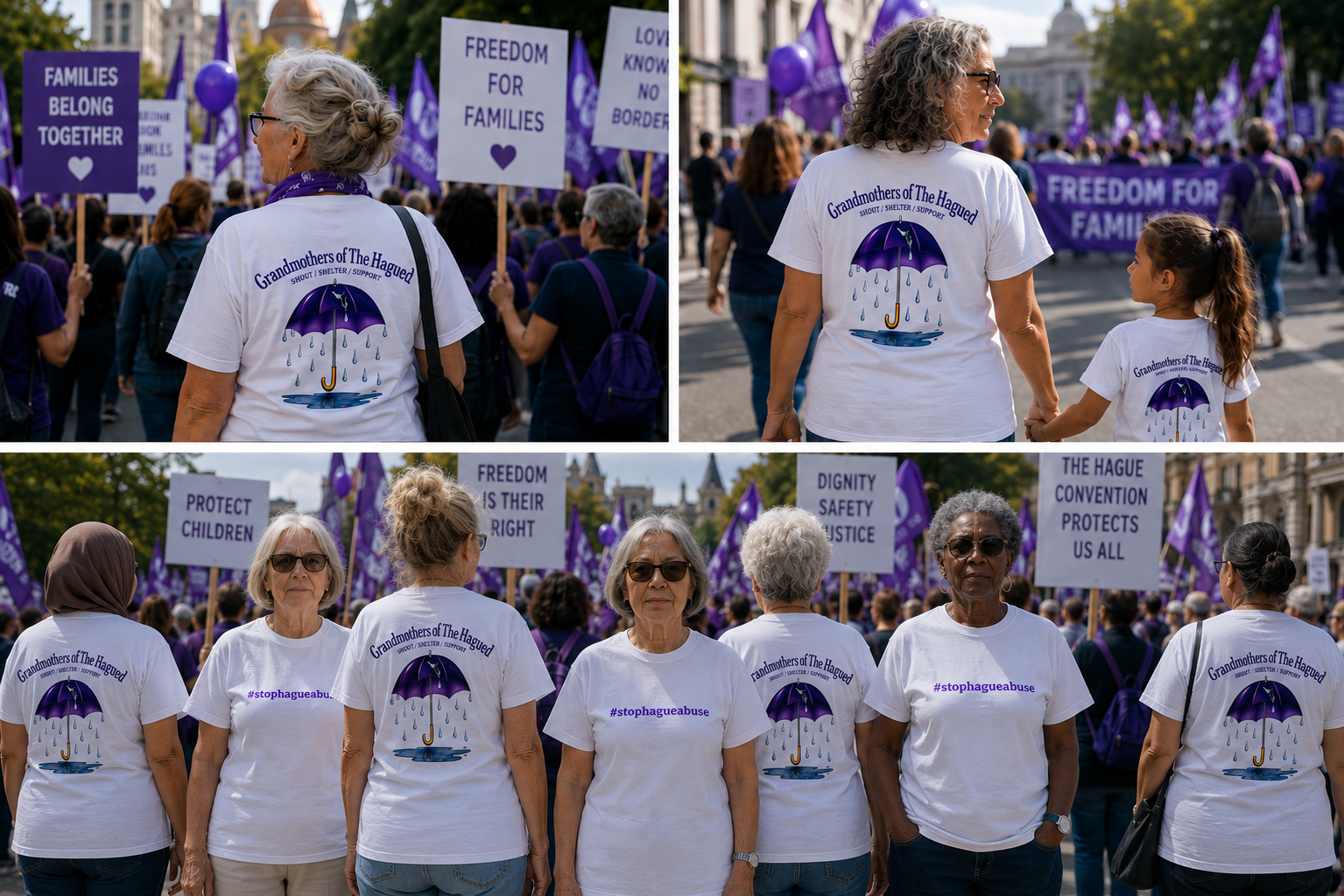 Grandmothers of The Hauged -SHOUT. SHELTER. SUPPORT. participants at a rally wearing matching shirts and holding banners.