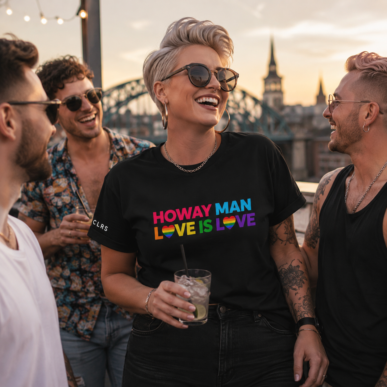 Newcastle Pride clothing by TRUCLRS featuring rainbow heart Love Is Love T-shirt worn by LGBTQ+ women.
