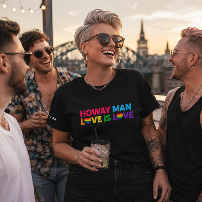 Newcastle Pride clothing by TRUCLRS featuring rainbow heart Love Is Love T-shirt worn by LGBTQ+ women.