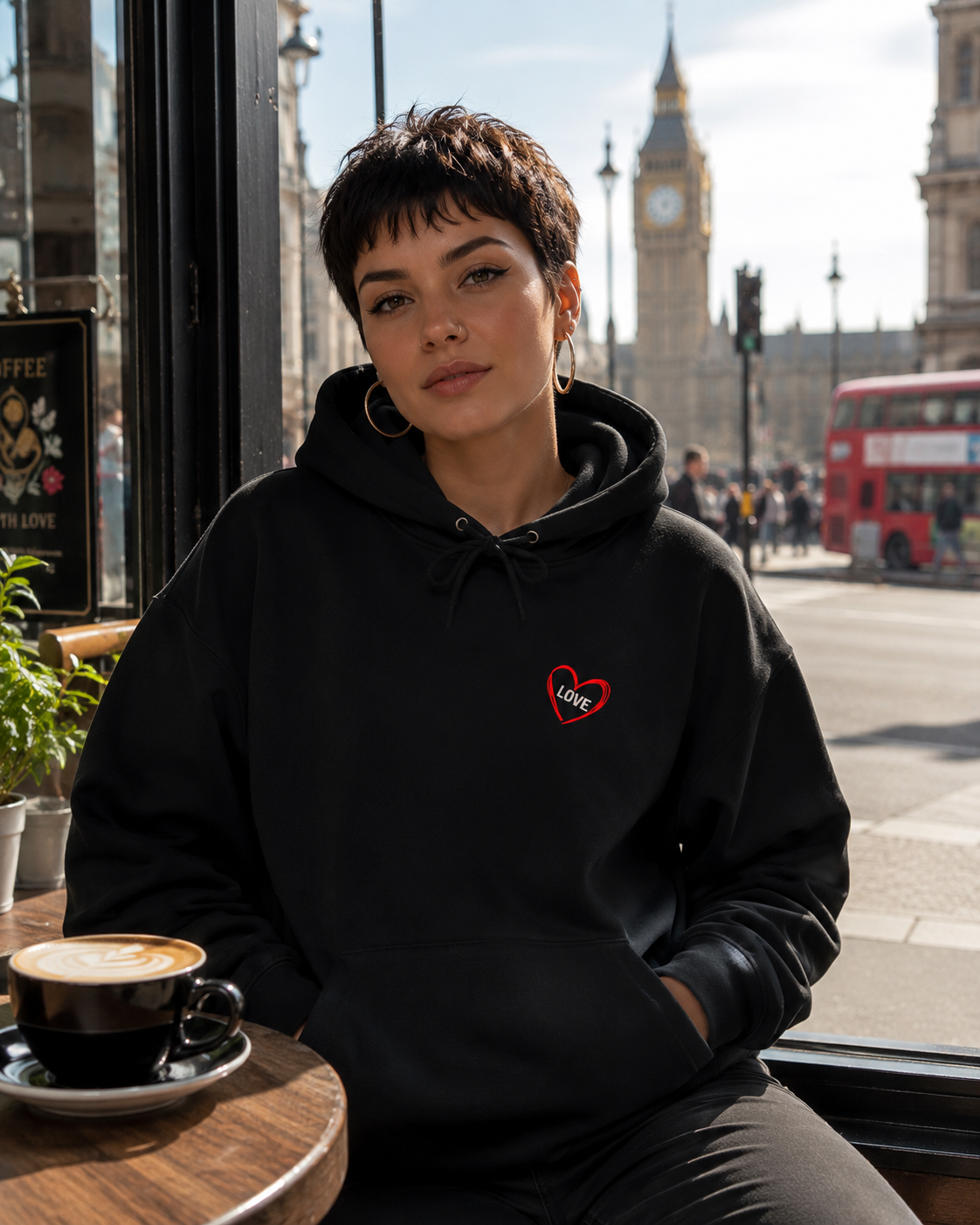 Woman wearing the Love Is a Gamble black hoodie with red heart chest print beside the River Thames with Big Ben in the background.