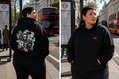 Woman with short cropped hair wearing the Love Is a Gamble hoodie featuring skull dice artwork in central London.