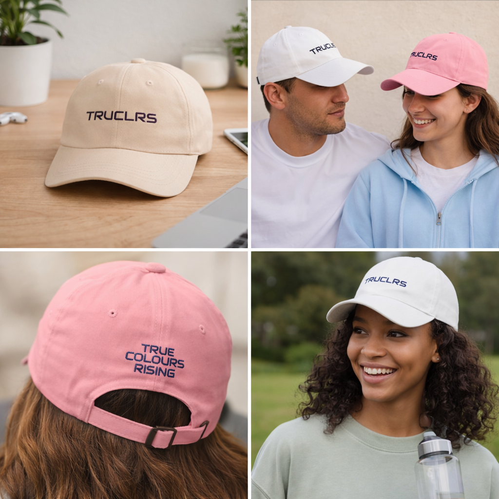 Back detail of pastel cap showing TRUE COLOURS RISING branding