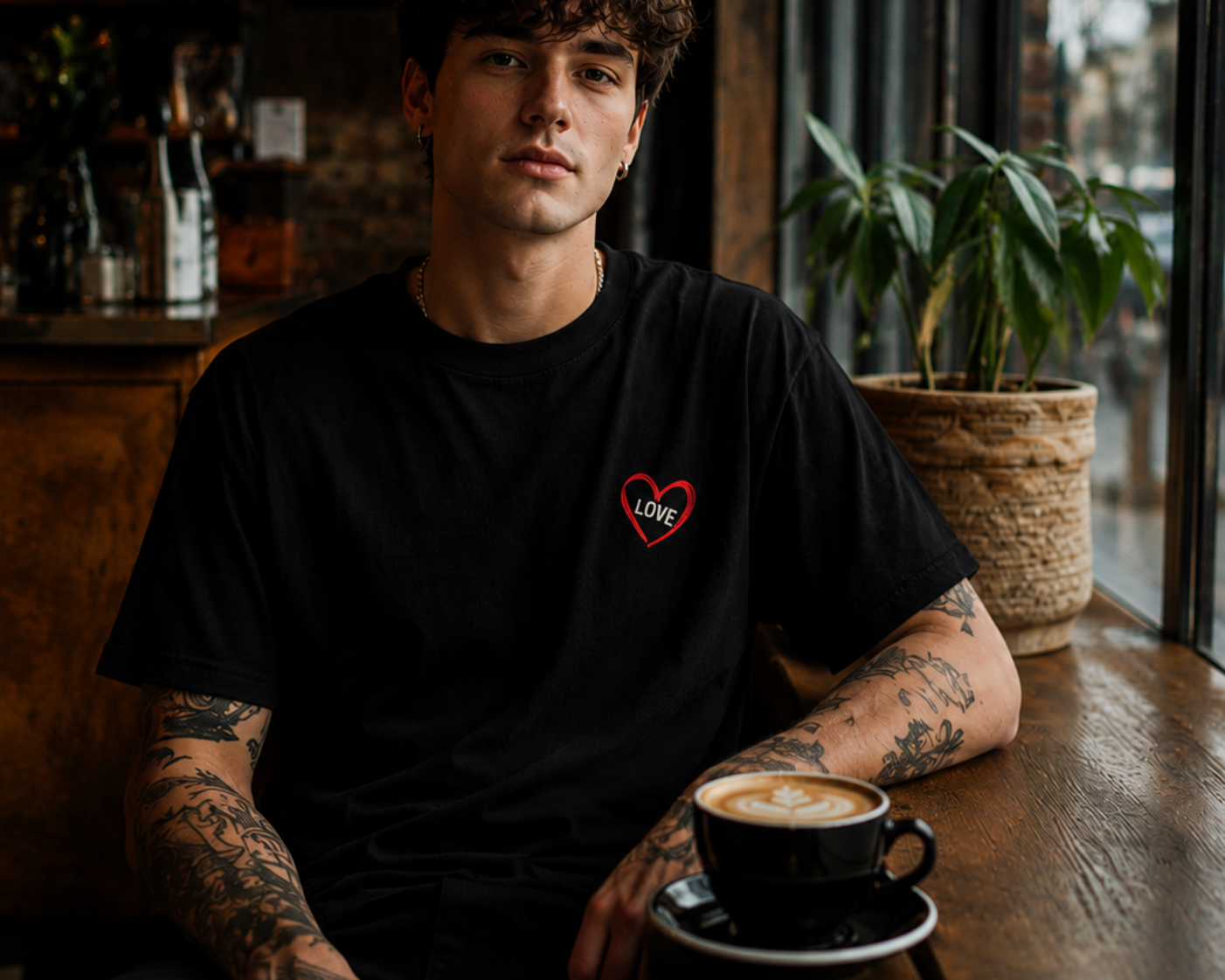 Close-up of minimalist LOVE heart chest emblem on black cotton T-shirt