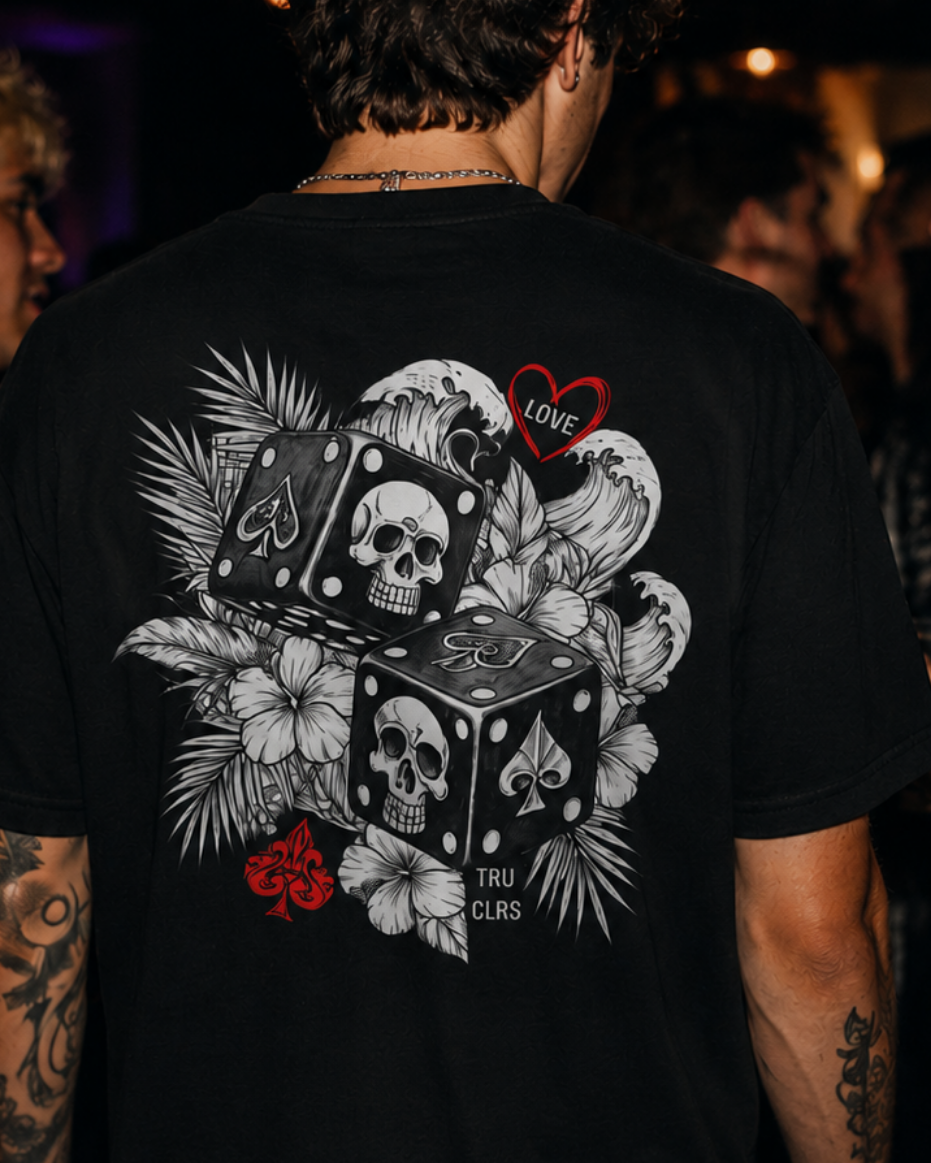 TRUCLRS oversized graphic shirt featuring skull dice, waves and hibiscus flowers