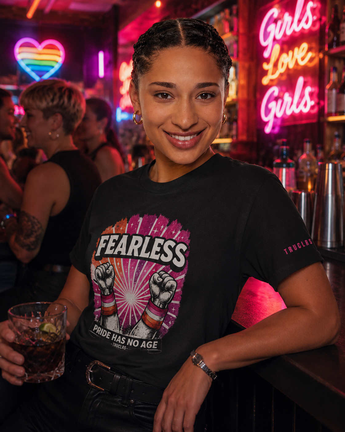 Neon lesbian bar lifestyle image featuring Fearless Souls graphic tee