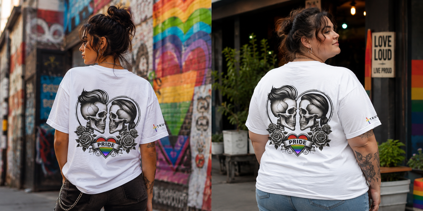 TRUCLRS Bound by Pride T-shirt with recycled cotton fabric, rainbow heart chest emblem and bold back graphic.