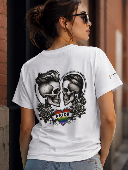 Bound by Pride recycled cotton T-shirt featuring skull artwork, rainbow heart and Pride banner on a white tee.