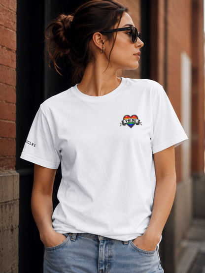 Alternative Pride clothing featuring two skulls, rainbow heart artwork and bold Pride banner design.