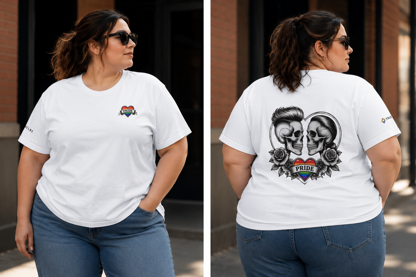 Queer fashion graphic tee with tattoo-inspired skull artwork, rainbow colours and inclusive Pride message.
