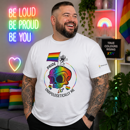 White LGBTQ+ pride T-shirt with rainbow skull design and Unapologetically Me slogan, created for self-expression and visibility.
