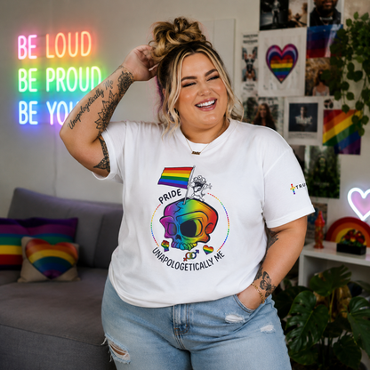 Close-up of the Unapologetically Me graphic showing a rainbow skull, pride flag, equality symbols and bold LGBTQ+ pride message.