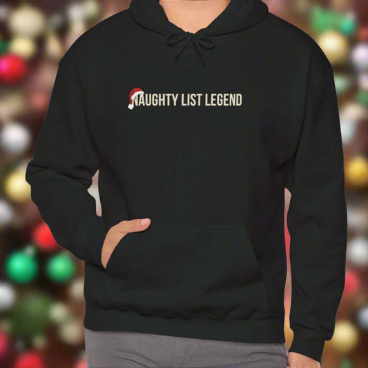 Front view of black hoodie with Naughty List Legend text and Santa hat