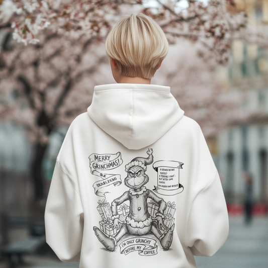 Sketch of the Grinch in a Santa outfit surrounded by Christmas presents
